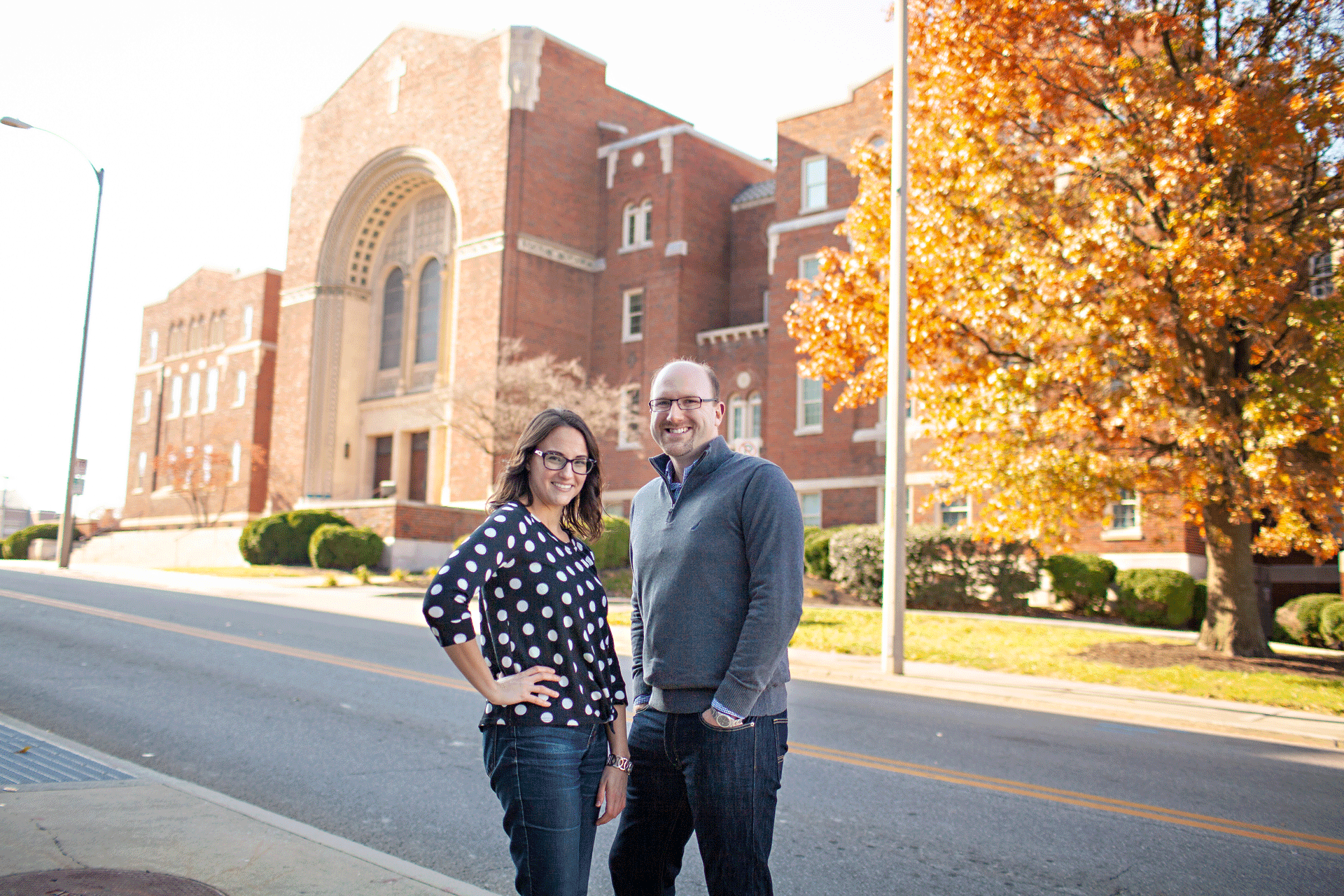 Church Marketing professionals Tyler Harden, CEO, and Tammy Burdick, President, of Firm Foundations Marketing. Photo taken outside in downtown Roanoke city, Virginia