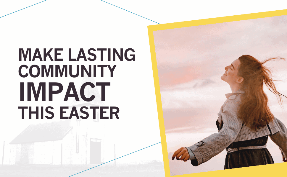 Text: Make lasting community impact this easter. Image of a woman with her eyes closed and joyful face.
